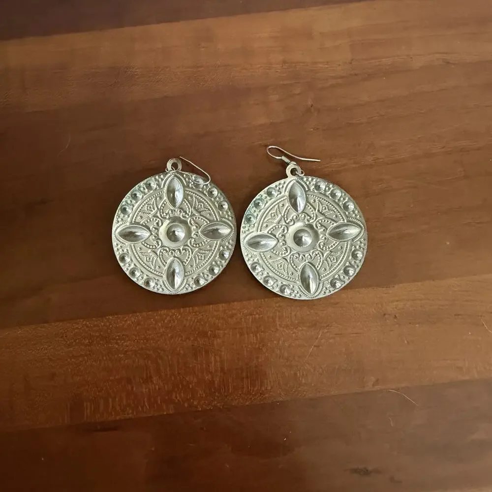 Silver Tone Metal Black Beaded Embossed Disk Dangle Earrings